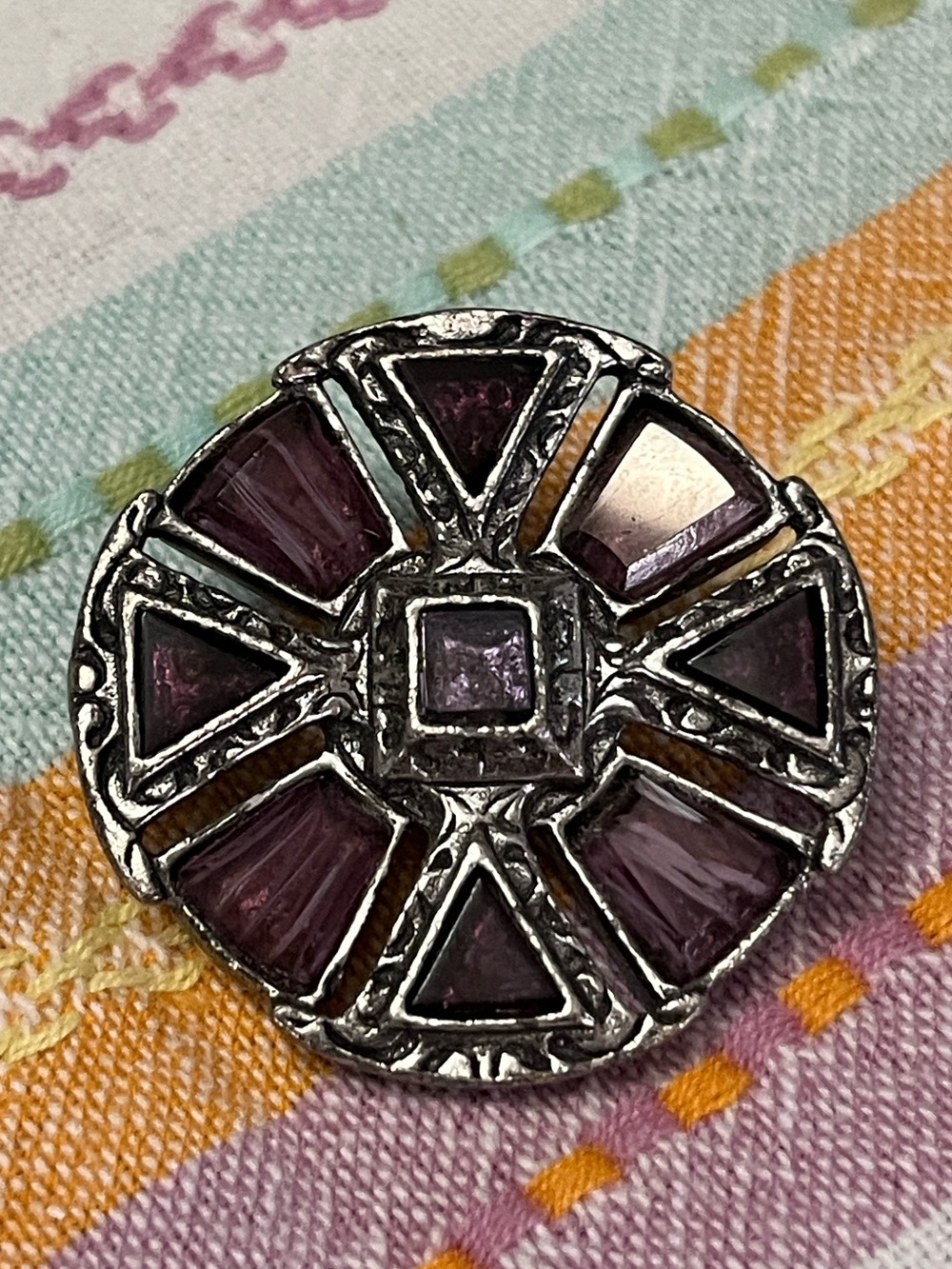 Vintage Scottish Celtic Cross Brooch Purple Glass Silver Tone